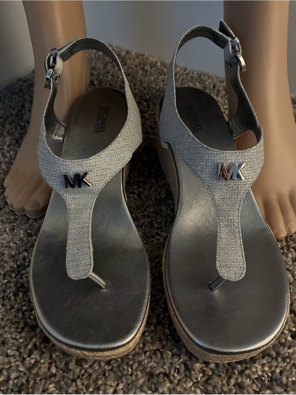 Michael Kors Silver Glitter MK Logo Wedge Sandals